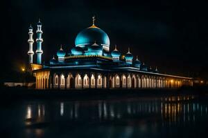 le mosquée à nuit avec bleu lumières. généré par ai photo