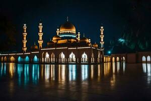 le mosquée à nuit avec ses lumières sur. généré par ai photo