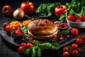 une Hamburger avec tomates, salade et autre des légumes. généré par ai photo