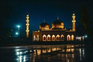 mosquée à nuit dans le pluie. généré par ai photo