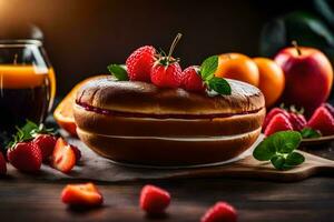 une gâteau avec des fraises et framboises sur une en bois tableau. généré par ai photo