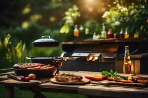 un barbecue gril avec Viande et des légumes sur une tableau. généré par ai photo