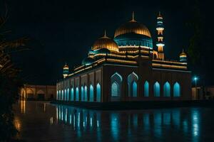 le mosquée à nuit avec bleu lumières. généré par ai photo