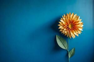 une papier fleur sur une bleu mur. généré par ai photo