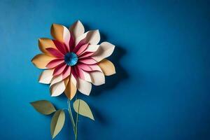 une papier fleur sur une bleu mur. généré par ai photo