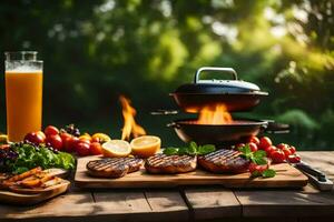 grillé Viande et des légumes sur une en bois tableau. généré par ai photo