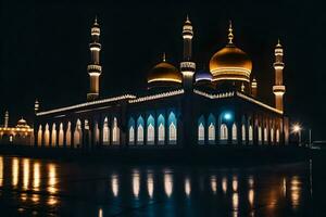 une mosquée allumé en haut à nuit avec ses lumières sur. généré par ai photo