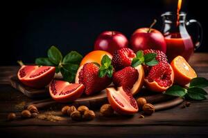 rouge des fruits et jus sur une en bois tableau. généré par ai photo