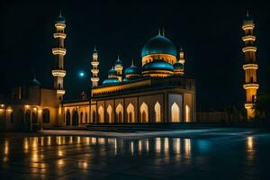 le mosquée à nuit avec le lune dans le ciel. généré par ai photo