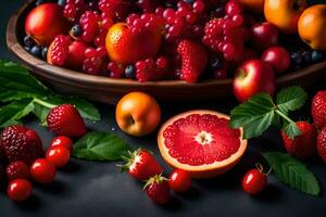 Frais des fruits dans une bol sur une foncé Contexte. généré par ai photo