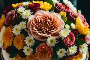 une bouquet de fleurs sur une gâteau. généré par ai photo