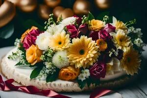 une gâteau avec fleurs sur Haut de une tableau. généré par ai photo