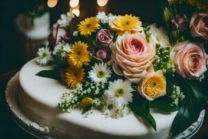 une mariage gâteau avec fleurs sur Haut. généré par ai photo