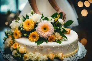 une mariage gâteau avec Jaune et Orange fleurs. généré par ai photo