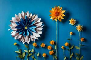 papier fleurs sur bleu Contexte. généré par ai photo