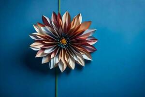 une papier fleur sur une bleu mur. généré par ai photo