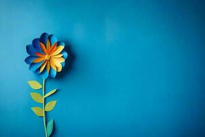 une papier fleur sur une bleu mur. généré par ai photo