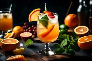 une verre de Orange jus avec fruit et menthe feuilles. généré par ai photo
