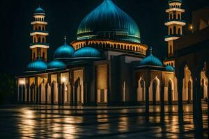 le mosquée à nuit avec bleu dômes. généré par ai photo