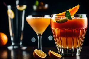 deux des lunettes de des cocktails avec Orange tranches et garnitures. généré par ai photo