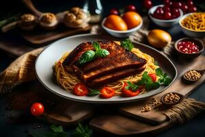 grillé porc travers de porc avec spaghetti et tomates sur une en bois tableau. généré par ai photo