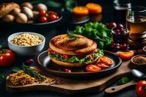 une sandwich avec des légumes et autre Ingrédients sur une noir Contexte. généré par ai photo