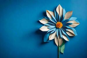 une bleu fleur fabriqué de papier sur une bleu Contexte. généré par ai photo