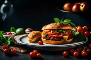 une Hamburger avec tomates et salade sur une plaque. généré par ai photo