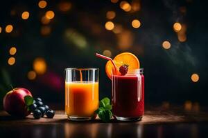 deux des lunettes de jus avec baies et fruit. généré par ai photo