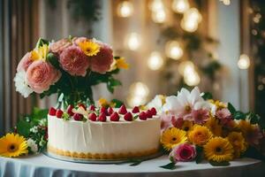 une mariage gâteau avec fleurs et une bouquet. généré par ai photo