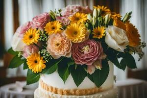 une mariage gâteau avec Jaune et rose fleurs. généré par ai photo