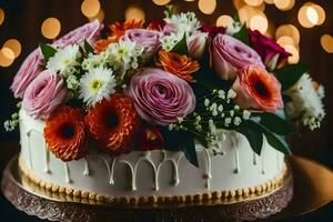 une gâteau avec fleurs sur Haut de une en bois tableau. généré par ai photo