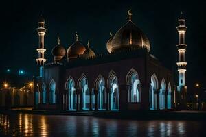 une mosquée allumé en haut à nuit avec bleu lumières. généré par ai photo