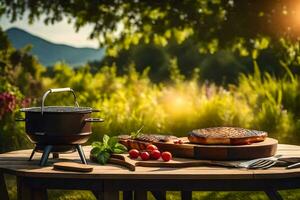 une gril et nourriture sur une table dans le jardin. généré par ai photo