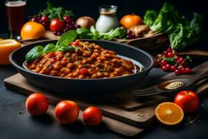 le nourriture est servi dans une bol avec tomates, Olives, et autre des légumes. généré par ai photo