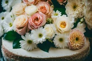 une mariage gâteau avec blanc et rose fleurs. généré par ai photo