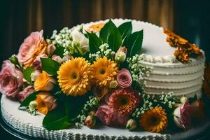 une blanc gâteau avec Orange et Jaune fleurs. généré par ai photo