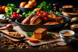 nourriture sur une table avec pain, des légumes et autre ingrédients. généré par ai photo