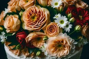 une proche en haut de une mariage gâteau avec Orange et rouge fleurs. généré par ai photo