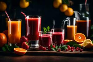 une variété de jus et fruit sur une en bois tableau. généré par ai photo