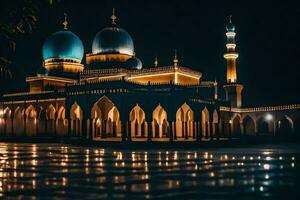 le mosquée à nuit avec bleu dômes. généré par ai photo