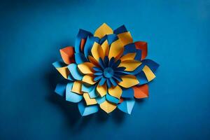 une papier fleur fabriqué de bleu, Jaune et Orange papier. généré par ai photo