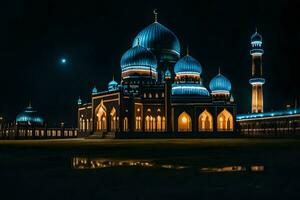 le mosquée à nuit avec le lune dans le ciel. généré par ai photo