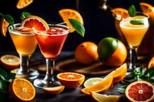 une variété de les boissons avec des oranges et autre des fruits. généré par ai photo