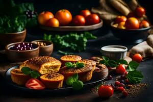 cuit muffins avec Frais des fruits et des légumes. généré par ai photo