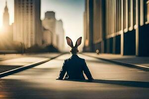 une lapin portant une costume et attacher est assis sur le sol dans de face de une ville. généré par ai photo