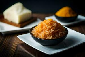 une bol de riz et une petit assiette de riz. généré par ai photo