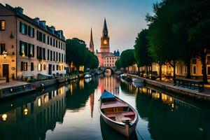 une bateau est amarré dans une canal à le coucher du soleil. généré par ai photo