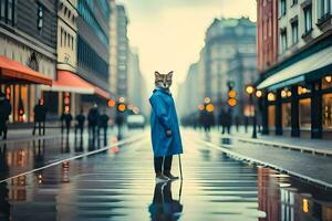 une Renard portant une bleu manteau et en marchant sur une humide rue. généré par ai photo