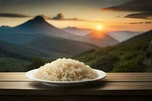 riz dans une assiette sur une table dans le montagnes. généré par ai photo